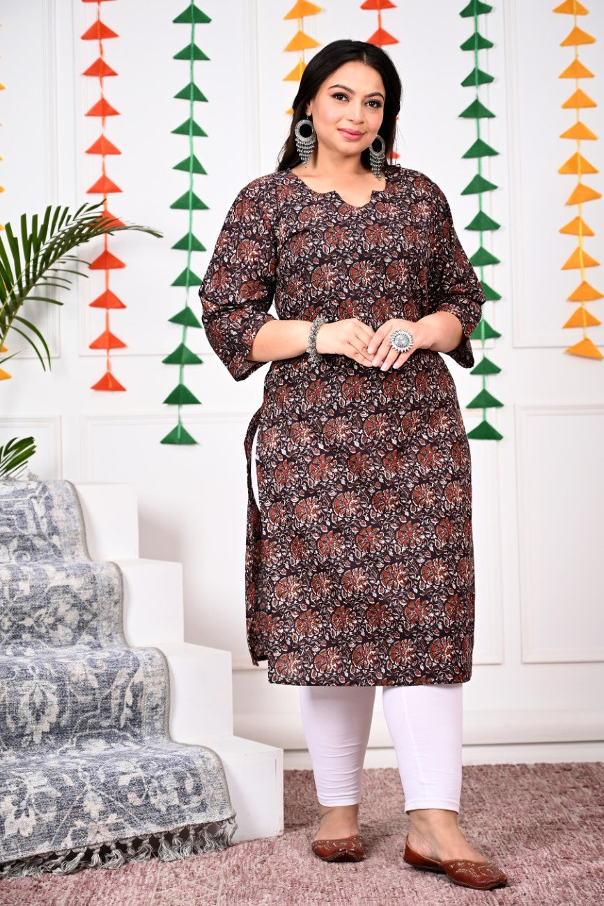 Plus Size Brown Cotton Floral Print Straight Kurta-100017