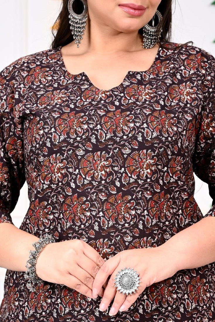 Plus Size Brown Cotton Floral Print Straight Kurta-100017