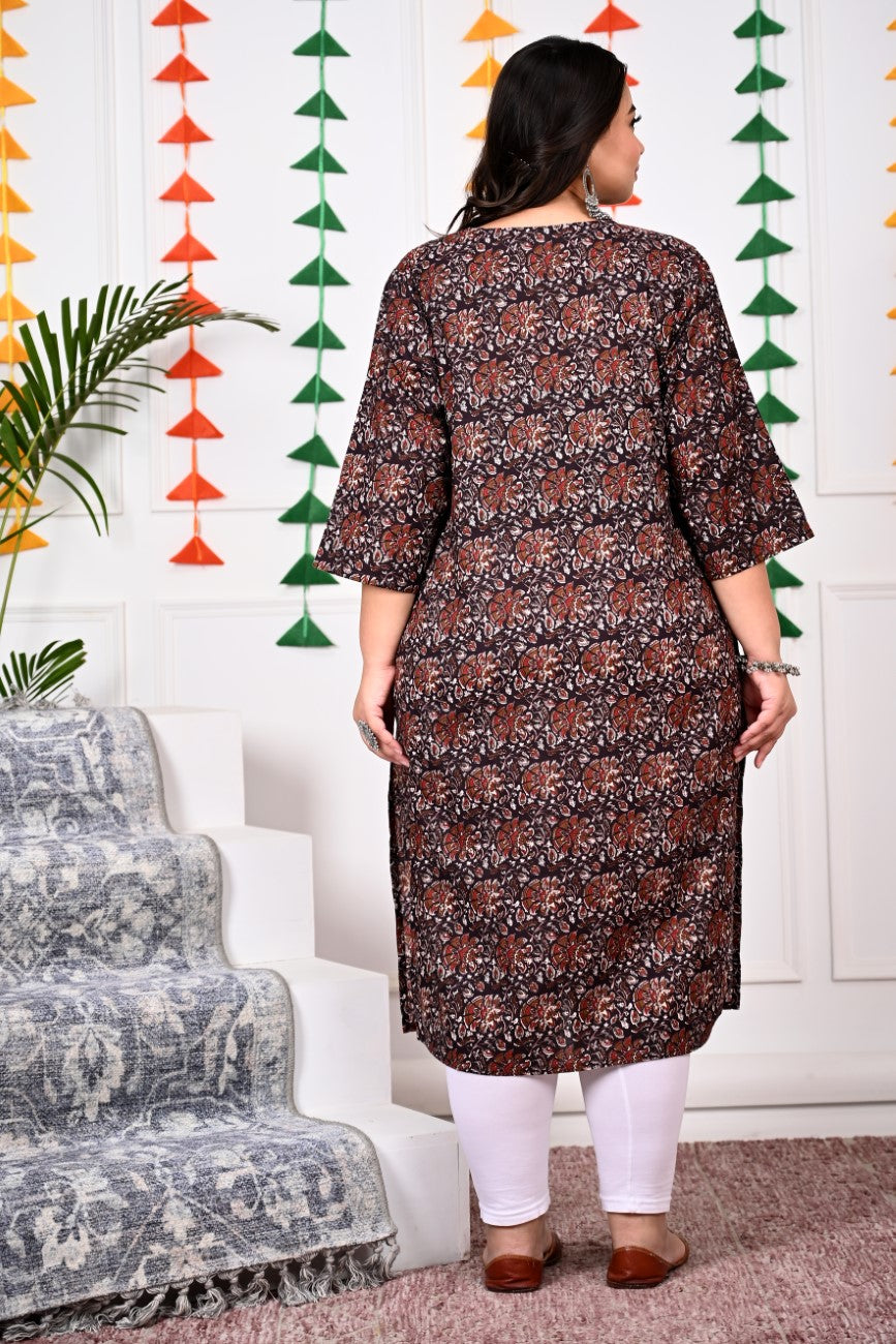 Plus Size Brown Cotton Floral Print Straight Kurta-100017