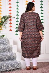 Plus Size Brown Cotton Floral Print Straight Kurta-100017