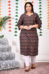 Plus Size Brown Cotton Floral Print Straight Kurta-100017