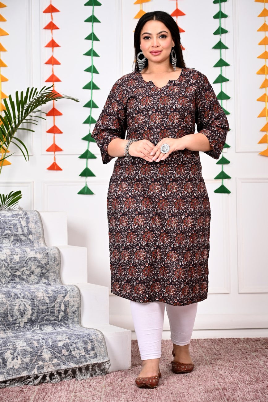 Plus Size Brown Cotton Floral Print Straight Kurta-100017 Main image