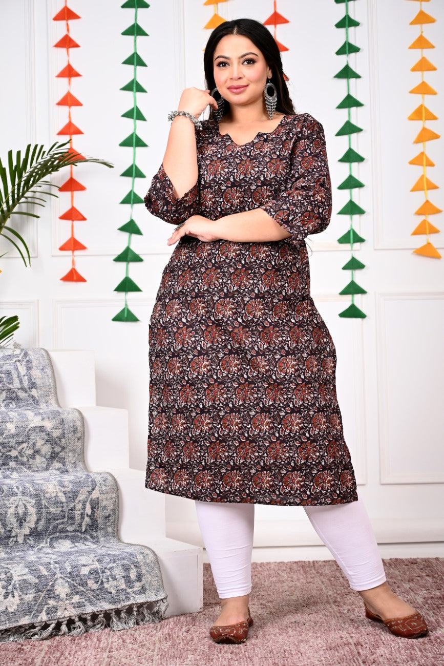 Plus Size Brown Cotton Floral Print Straight Kurta-100017