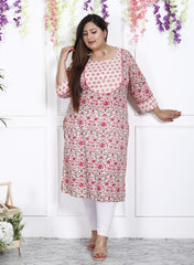 Plus Size Off White Cotton Floral Print Straight Kurta-100018