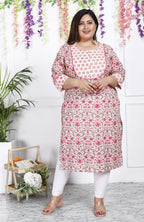 Plus Size Off White Cotton Floral Print Straight Kurta-100018