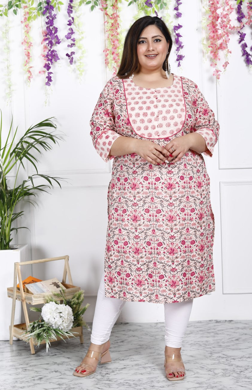 Plus Size Off White Cotton Floral Print Straight Kurta-100018