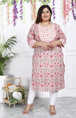 Plus Size Off White Cotton Floral Print Straight Kurta-100018