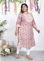 Plus Size Off White Cotton Floral Print Straight Kurta-100018