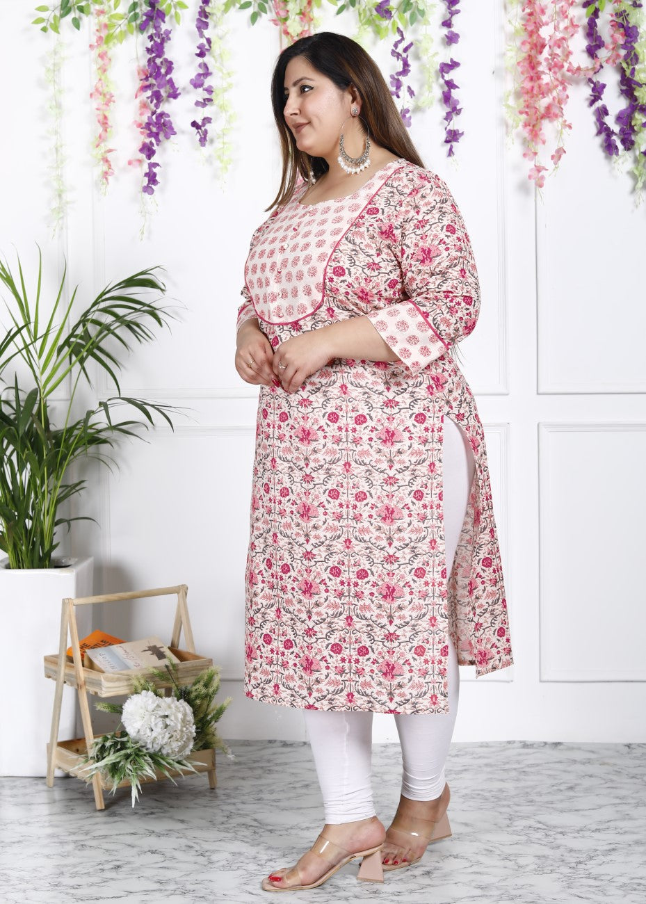 Plus Size Off White Cotton Floral Print Straight Kurta-100018