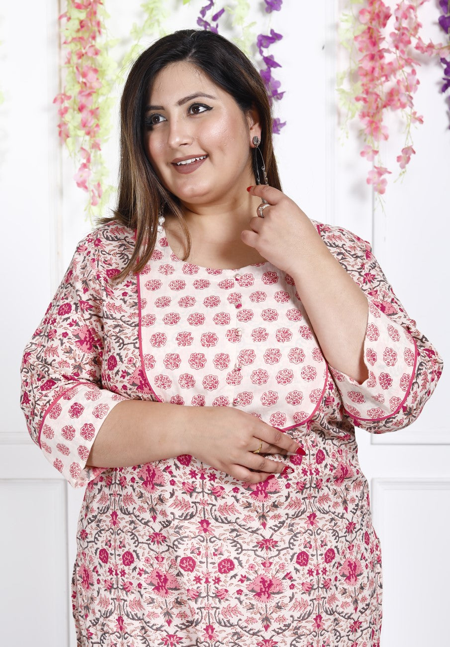 Plus Size Off White Cotton Floral Print Straight Kurta-100018