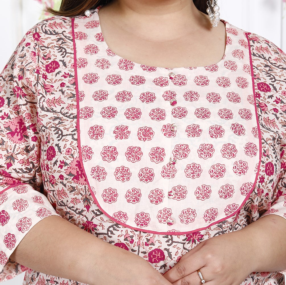 Plus Size Off White Cotton Floral Print Straight Kurta-100018