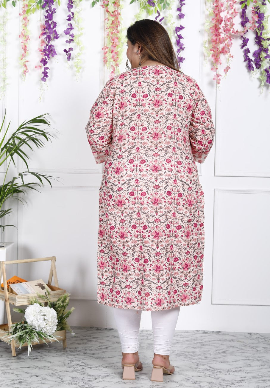 Plus Size Off White Cotton Floral Print Straight Kurta-100018