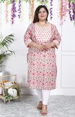 Plus Size Off White Cotton Floral Print Straight Kurta-100018
