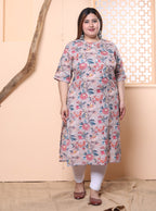 Plus Size Grey Cotton Floral Print Straight Kurta-100019