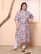 Plus Size Grey Cotton Floral Print Straight Kurta-100019