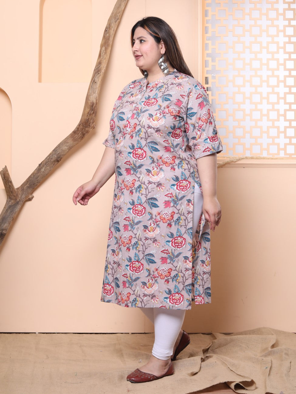 Plus Size Grey Cotton Floral Print Straight Kurta-100019