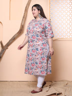 Plus Size Grey Cotton Floral Print Straight Kurta-100019