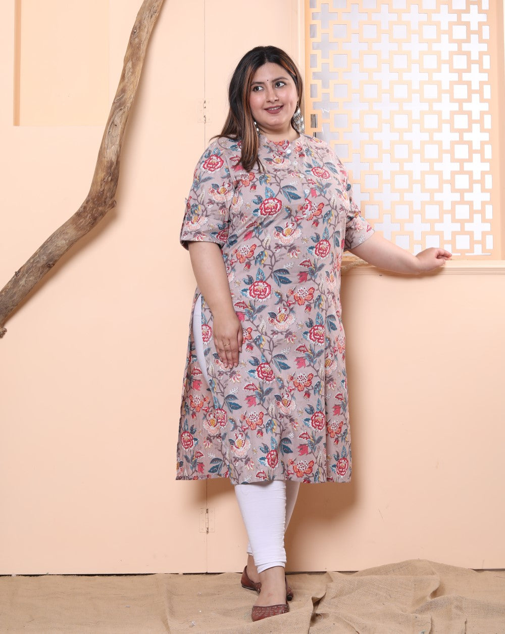 Plus Size Grey Cotton Floral Print Straight Kurta-100019