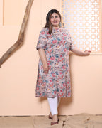 Plus Size Grey Cotton Floral Print Straight Kurta-100019