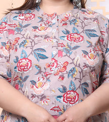 Plus Size Grey Cotton Floral Print Straight Kurta-100019