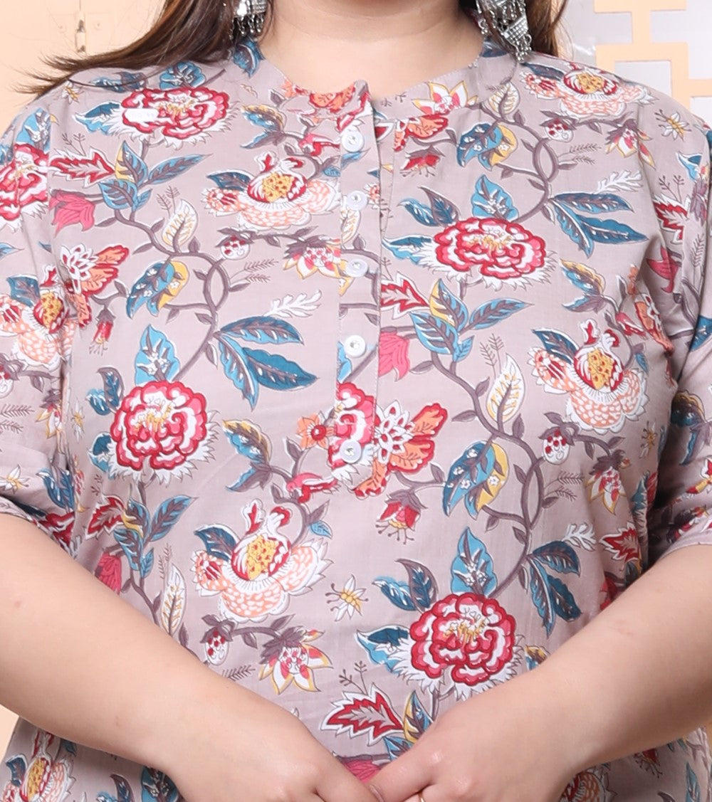 Plus Size Grey Cotton Floral Print Straight Kurta-100019