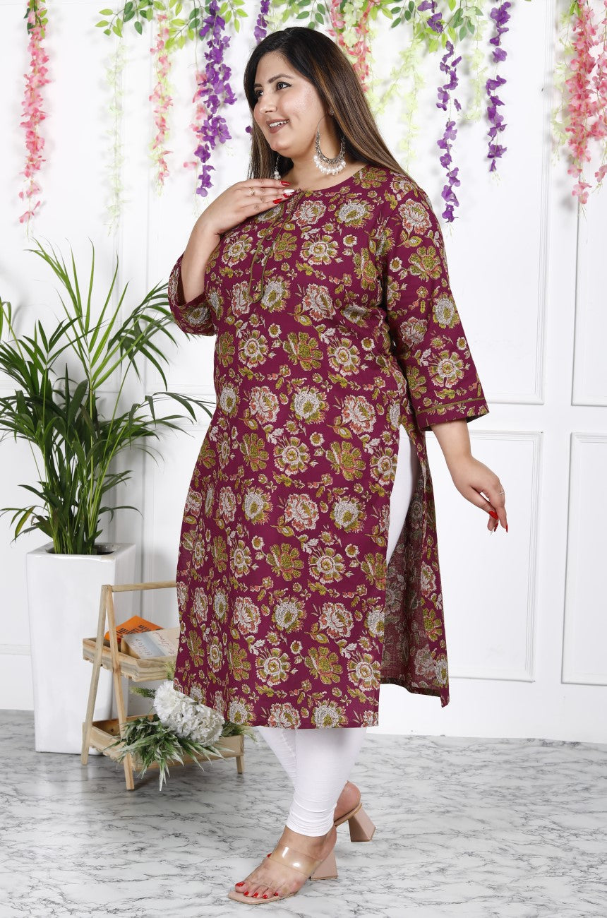 Maroon Pure Cotton Floral Print Straight Kurta-100020