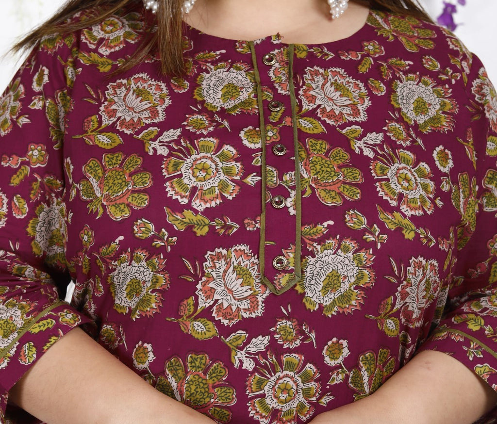 Maroon Pure Cotton Floral Print Straight Kurta-100020