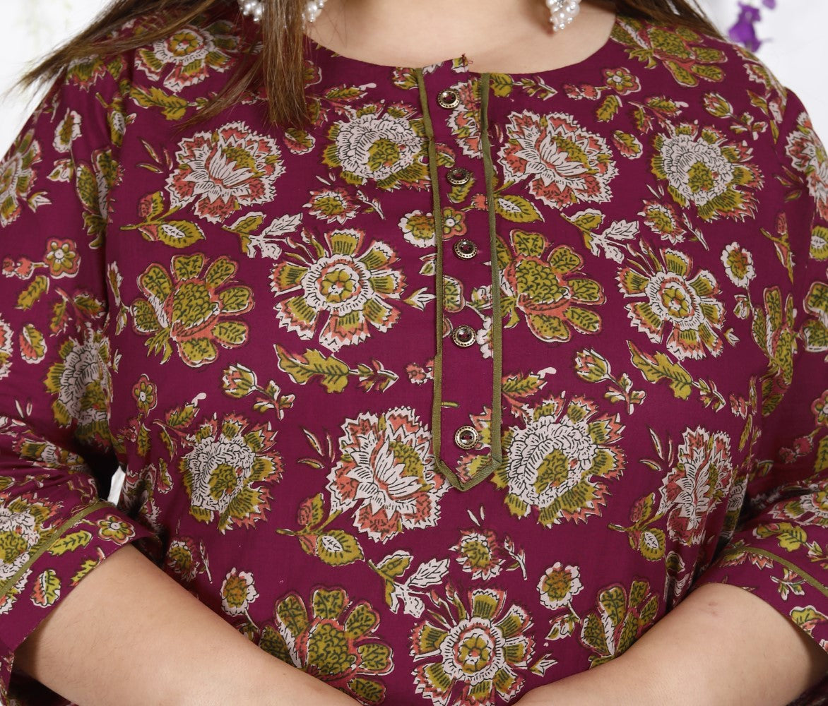 Maroon Pure Cotton Floral Print Straight Kurta-100020