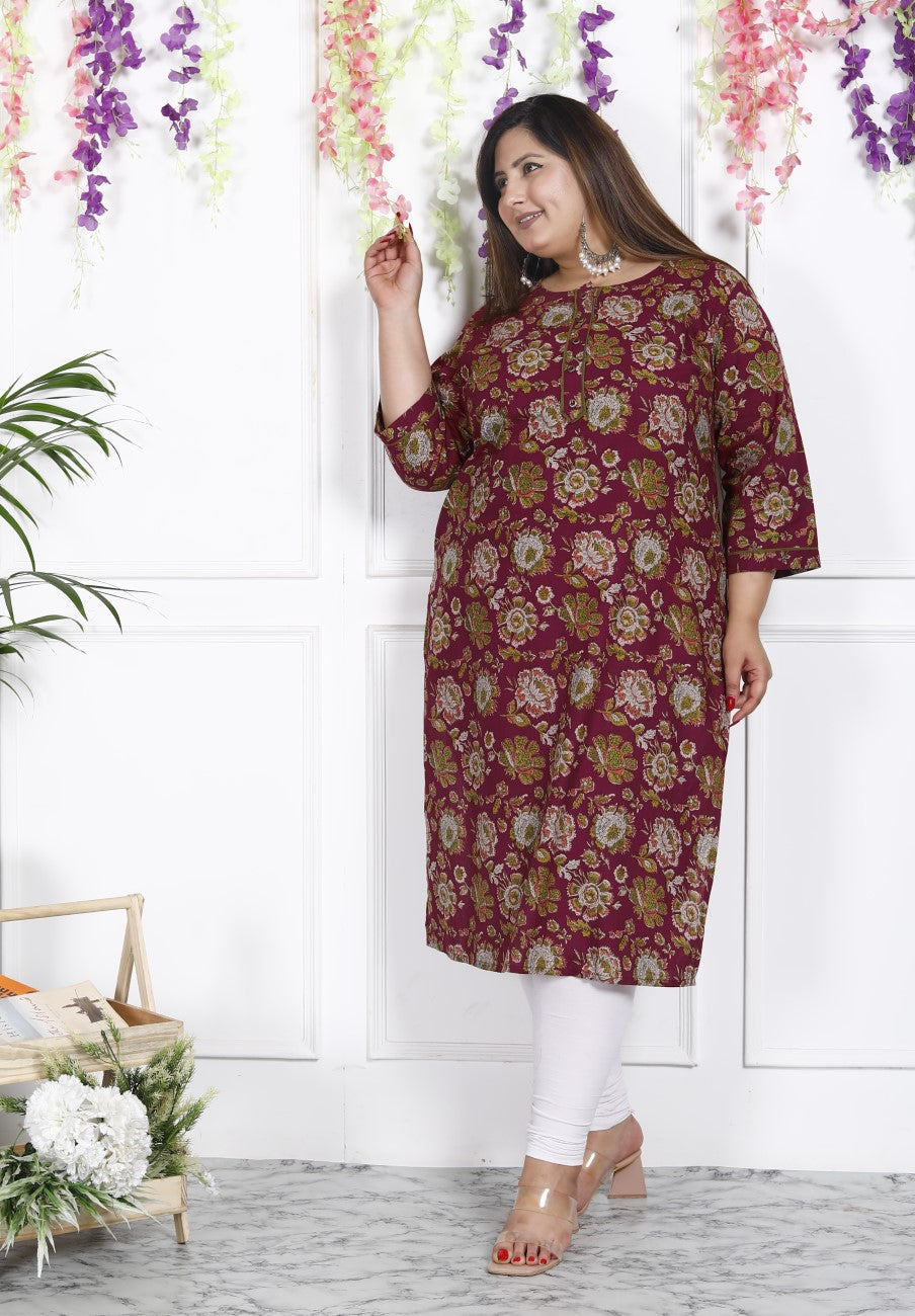 Maroon Pure Cotton Floral Print Straight Kurta-100020