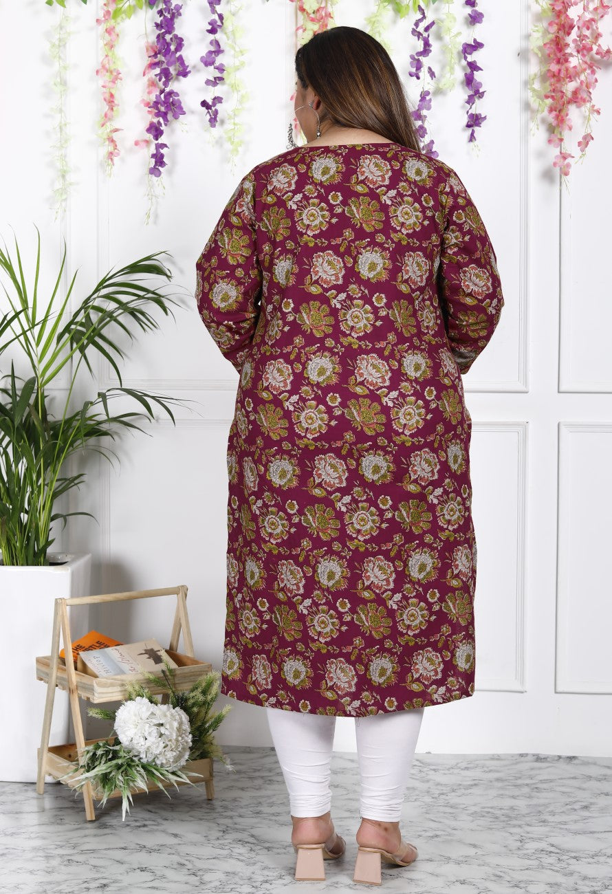 Maroon Pure Cotton Floral Print Straight Kurta-100020