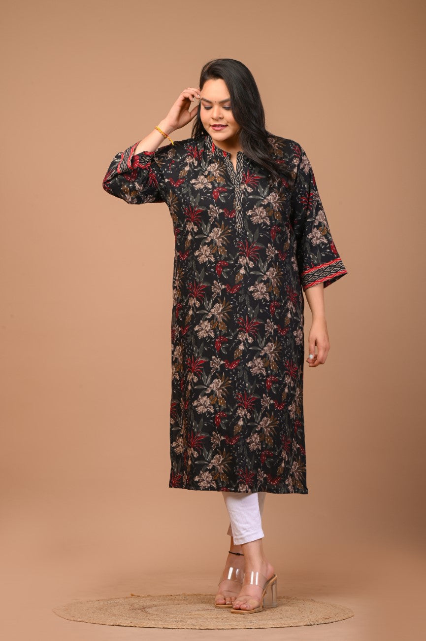 Plus Size Black Cotton Blend Floral Print Straight Kurta-100021 Main image