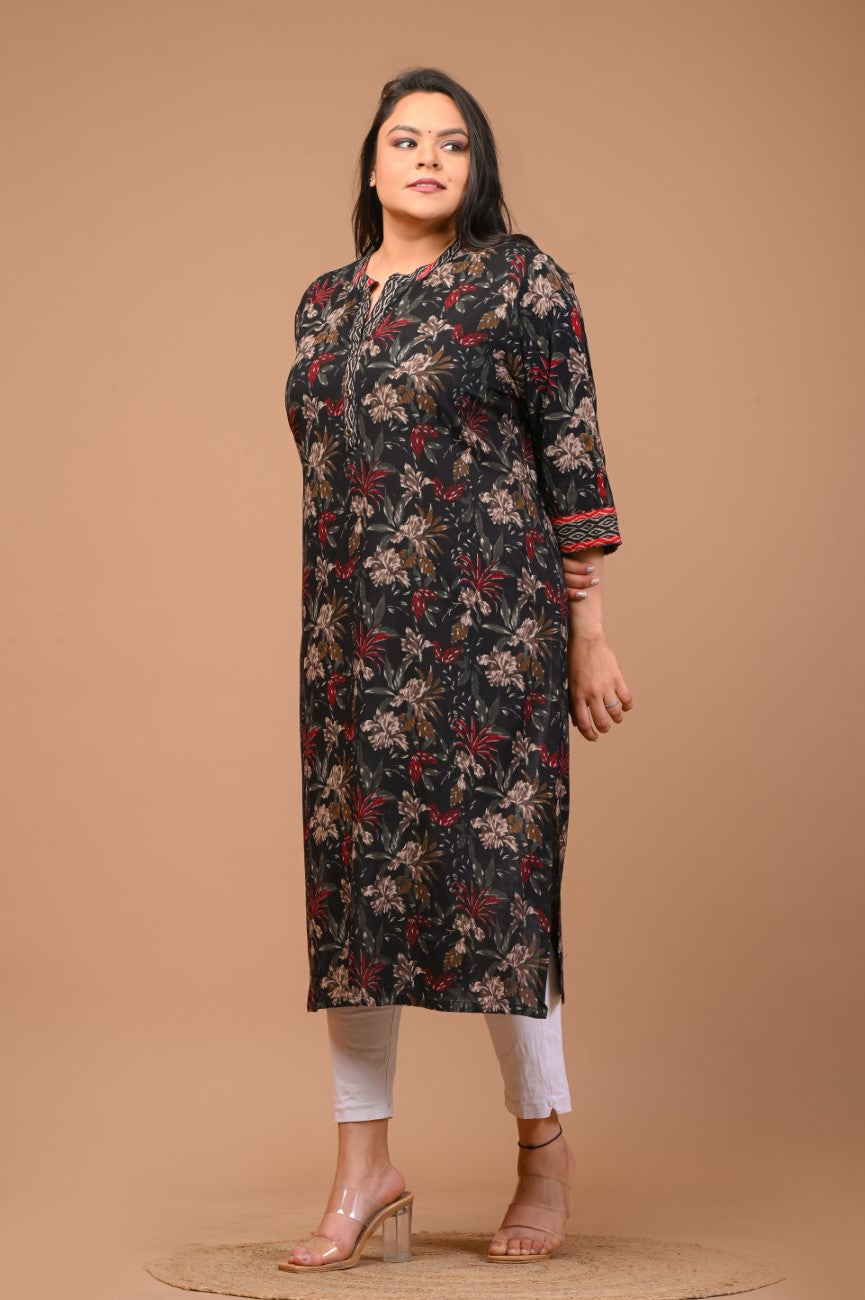 Plus Size Black Cotton Blend Floral Print Straight Kurta-100021