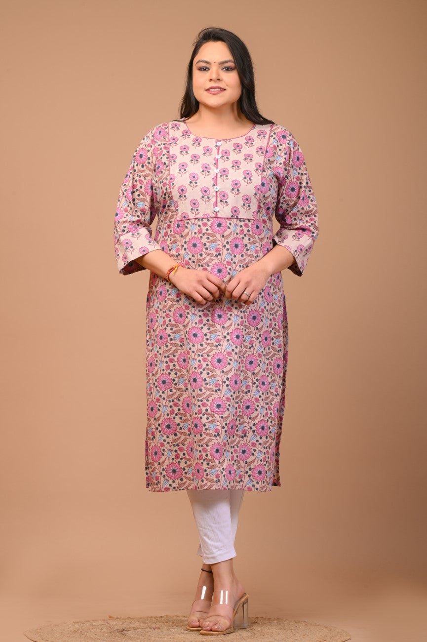 Plus Size Beige Cotton Floral Print Straight Kurta-100022 Main image