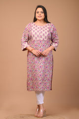 Plus Size Beige Cotton Floral Print Straight Kurta-100022