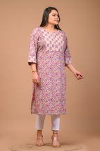 Plus Size Beige Cotton Floral Print Straight Kurta-100022