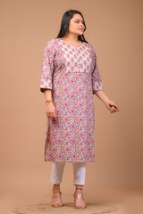 Plus Size Beige Cotton Floral Print Straight Kurta-100022