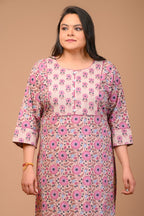 Plus Size Beige Cotton Floral Print Straight Kurta-100022
