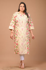 Plus Size Yellow Cotton Floral Print Straight Kurta-100023
