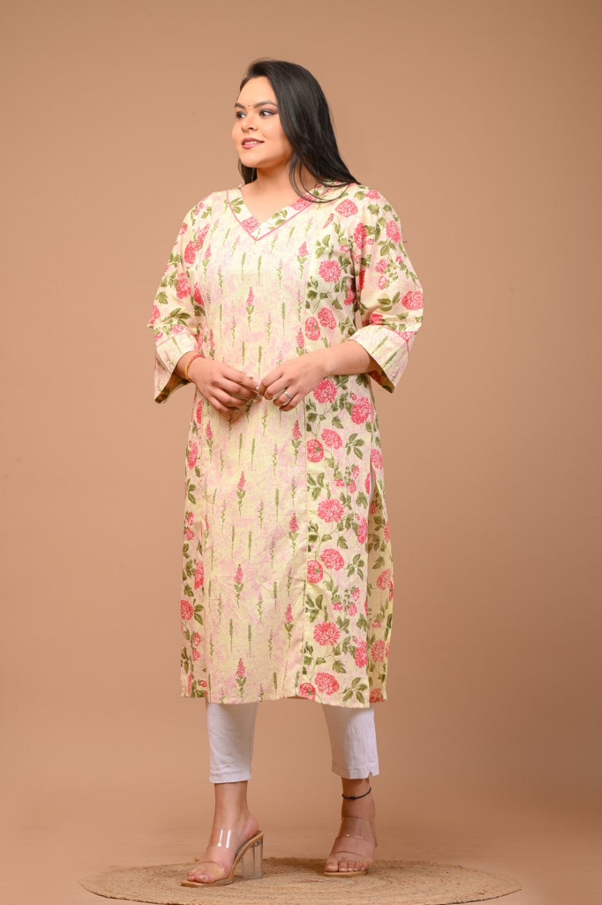 Plus Size Yellow Cotton Floral Print Straight Kurta-100023