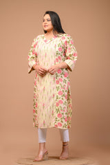 Plus Size Yellow Cotton Floral Print Straight Kurta-100023