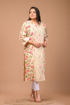 Plus Size Yellow Cotton Floral Print Straight Kurta-100023