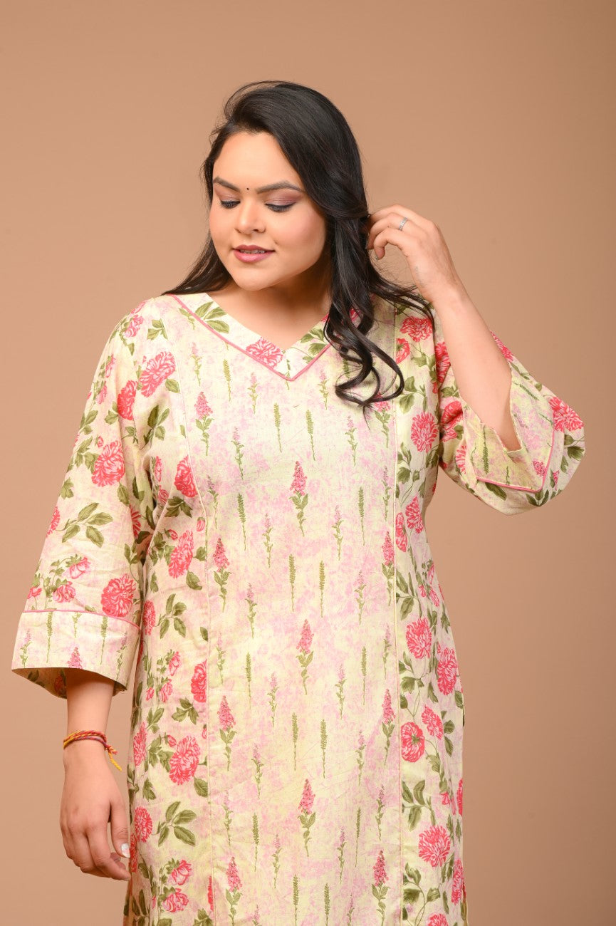 Plus Size Yellow Cotton Floral Print Straight Kurta-100023