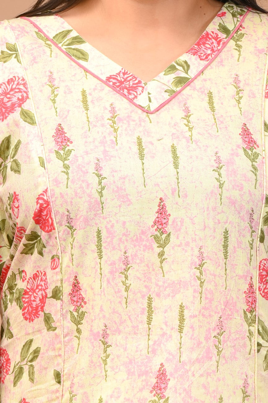 Plus Size Yellow Cotton Floral Print Straight Kurta-100023