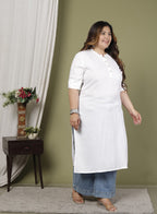 Plus Size White Cotton Blend Straight Kurta-100234