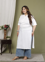 Plus Size White Cotton Blend Straight Kurta-100234