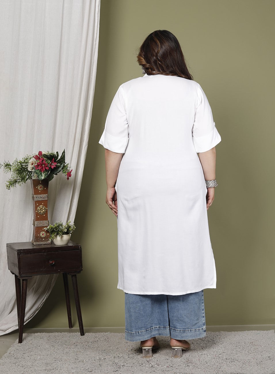 Plus Size White Cotton Blend Straight Kurta-100234