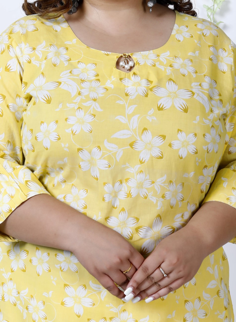 Plus Size Yellow Cotton Floral Print Straight Kurta-100025