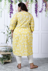 Plus Size Yellow Cotton Floral Print Straight Kurta-100025