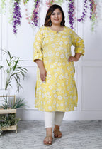 Plus Size Yellow Cotton Floral Print Straight Kurta-100025