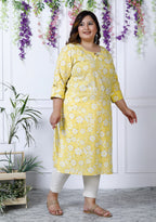Plus Size Yellow Cotton Floral Print Straight Kurta-100025